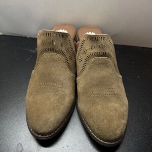 Yellow Box Brown Leather Slip-On Mules with Laser Cut Detail